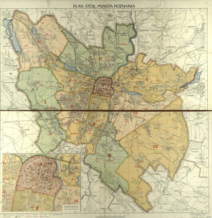Plan stołecznego miasta Poznania z zaznaczonym podziałem na okręgi, dzielnice i obwody