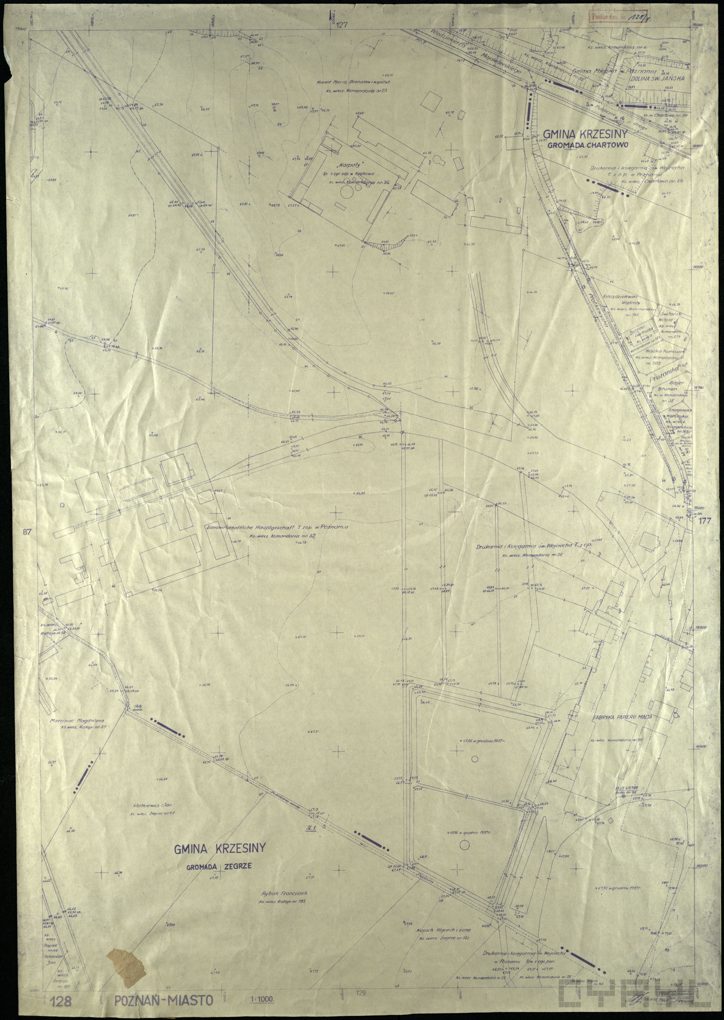 Plan fragmentu Łaciny w rejonie ul. Wołkowyskiej z 1938 r., powielony w 1945 r.