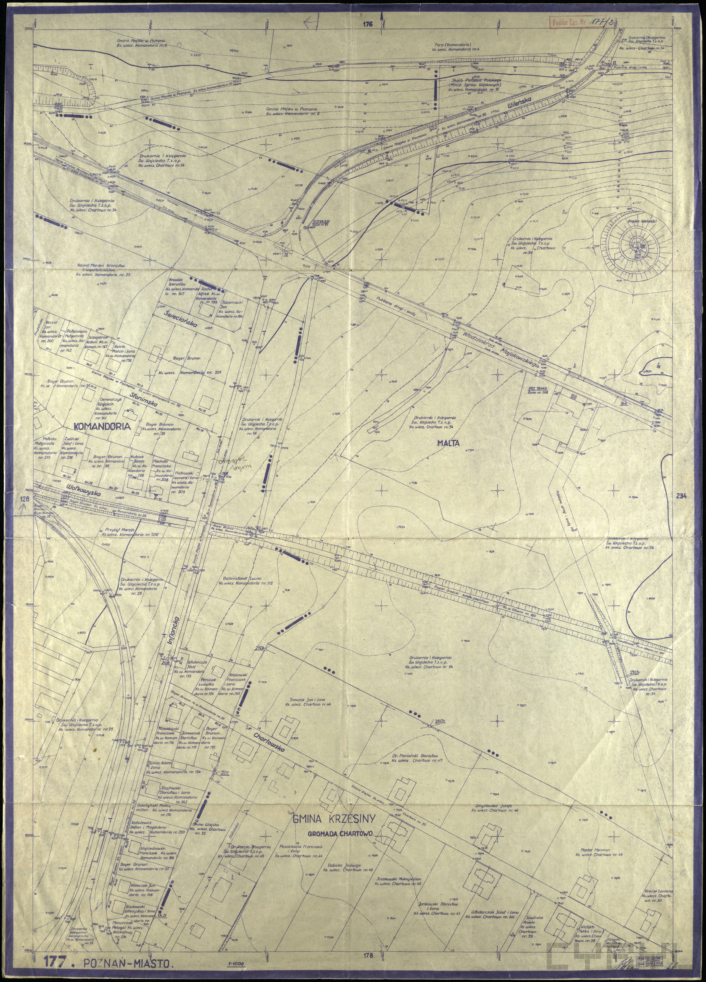 Plan fragmentu okolic obecnego południowego brzegu Jeziora Maltańskiego z 1938 r., powielony w 1946 r. (światłokopia)